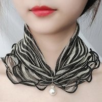 Women Gold Silk Ruffle Ring Scarf Fake Pearl Pendant Fashion Chiffon Neck Collar Thin Anti-UV Neckerchief Hair Bandana Headban