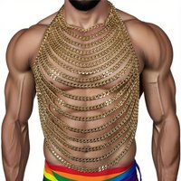 Summer European & American Style Men's Halter Neck Backless Tank Top Sexy Lace-Up Unique Top Metal Chain Body Chain