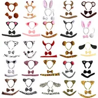 Adult Kids Party Women Men Animal Ear Headband Tail Tie Birthday Hair Band Plush Zebra Tiger Headwear Halloween Costume Cosplay