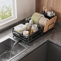 Adjustable Multi-Functional Dish Drainer Rack for the Kitchen, Wrought Iron Kitchen Utensil Rack, Large Capacity Storage Organiser with Drain Board, Utensil Rack, and Cup Hooks, Foldable Design to