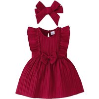Baby girl's Sleeveless Dress Solid color Ruffled edges Fashion Summer Dress+Headband, 0-24 Months old Baby girl's New Year Dress
