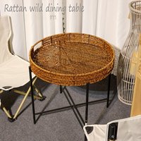 Round PE Rattan Side Table Portable Foldable Weather-Resistant Outdoor Coffee Table for Patio Garden Balcony