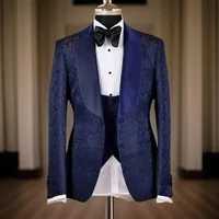 Floral Groom Tuxedo For Wedding Navy Blue Slim Fit Men Suits Jacquard Blazer Waistcoat With Black Pants 3 Pcs Fashion