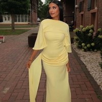 Elegant Yellow Evening Dress Off-Shoulder Backless Ruched Waist Long Sleeve Maxi Side Slit Loose Fit Women's Special Occasion Go