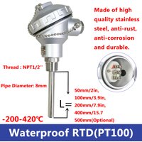 Stainless Steel -200~420mm RTD PT100 Temperature Sensor Probe 1/2 Thread Thermocouple Terminal Head for Temperature sensor