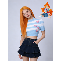 Anime Win Clubb Bloom Cosplay Costume Jirai Kei Girls Retro Striped Knitted Heart Lovely Short Sleeve T-Shirt Mini Dress Cos