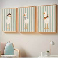 3pcs Frameless Vintage Cartoon Duck Art Posters - Whimsical Striped Canvas Prints with Cowboy Hat, Bow Tie & Leopard Print, Wate