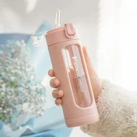 Double Layer Portable Glass Water Bottle with Plastic Case, Cute Mug, Gift for Girls, High-value, Drop-Proof