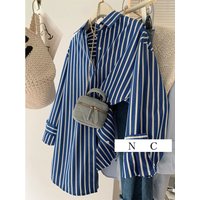 Elegant Blue White Striped Long Sleeve Shirt Jacket Women's Korean Style Casual Shirt Top Lazy Fashion Airy Thin Cotton