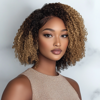 Ombre Brown Curly Wigs Kinky Curly Human Hair Bob Wigs 13x5x1 T Lace Frontal Human Hair Wig 180% Density 10inch Pre Plucked Wigs