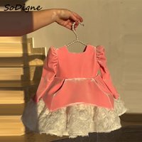SoDigne A-line Velvet Short Flower Girl Dress Full Sleeves Square Collar Princess Kid Gown Girls Birthday Dresses Customized