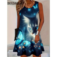 2026 Fashion Elegant Women Dresses Summer Sleeveless 3D Butterfly Cat Printed O-Neck Dress Casual Loose Ladies Dress Plus Size