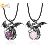 CSJA Vintage Wing Dragon Crystal Necklace for Men Women Natural Stone Round Gem Stone Crystals Obsidian Pendants Jewelry H146