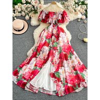 Summer New Women's High Waist Floral Print A-Line Dr One-oulder Bell Sve Holiday Slimming Ele Commuting Dr