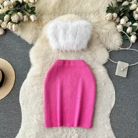 2026 New Women Knit Two Piece Sets Camis Sexy White Short Top+ Elastic Waist Knit Min Pink Short SKirt Fashion Solid Women Suits