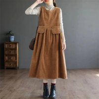 2025 Autumn/Winter New Corduroy Dress Women's Loose Retro Art Pocket Sleeveless Vest Dresses Female Casual Clothes