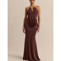 Women Brown Draped Halter Long Dress Sexy Backless Metal Ring Ruched Slim Maxi Dresses Elegant Wedding Guest Evening Party Robes