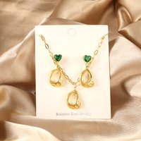 Vintage Irregular Necklace Earrings Jewelry Sets For Women Stainless Steel Green Heart Crystal Anti-allergic Piercing Jewelry