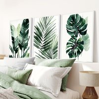 3pcs/set Green Palm & Monstera Leaf Canvas Printing Tropical Plant Watercolor Wall Art Poster for Modern Living RoomHome Decor