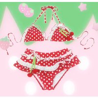 Cherry Charm Ruffle Trim Bikini Set Women 2026 Halter Neck Three Piece Swimsuit Red White Polka Dot Print Beach Bathing Suit