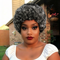 Human Hair Salt & Pepper Short Curly Wig, Natural Gray Mix Color, Soft Afro Kinky Curly with Bangs, full machine made