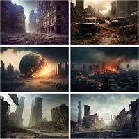 Ruined City Backdrop Doomsday Disaster Scenery Wildfire Burning Building Street Car Smoke Photo Background Studio Shoot Props