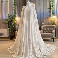 Arabic Dubai Long Sleeve Muslim Wedding Dress with Cape High Neck Islamic Bridal Gowns Chiffon Appliques Robe De Mariรฉe