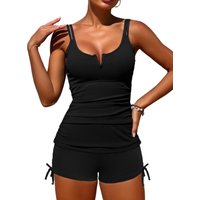 Women's V-Wire Tankini Swimsuits Tummy Control Ruched Top Two Piece Bathing Suits with High Waisted Shorts