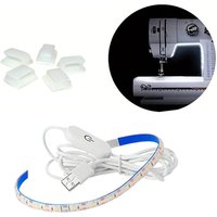 Touch LED light strip with adjustable brightness and five positioning snaps for sewing machines and cabinets.