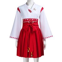 Silent Hill cosplay outfit in red and white Japanese style kimono with bow belt and bell accessories for Halloween