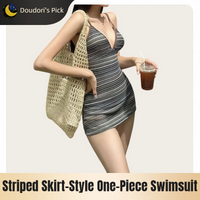 Korean Style Women's Fashionable V-Neck Backless Cross-Tie Design Striped Slim-Fit One-Piece Swimsuit