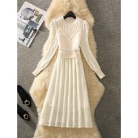 Elegant Knitted Dress Women's Autumn Winter New Style Beautiful Fragrance Style High Waist Long Sleeve Midi Dress Sweet Style
