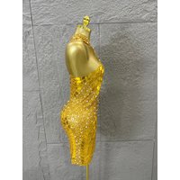 Luxury Gold Halter Neck Mini Dress Diamond Mirror Pearl Beaded Bodycon Nightclub Party Clubwear Outfit