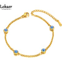 Lokaer Titanium Stainless Steel Chain Link Bracelet Vintage 18K Gold Plated Blue Turkish Eyes Charm Bracelet For Women B22037