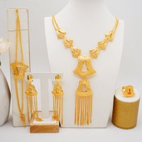 Dubai 24K Gold Color Jewelry Set For Woman Bridal Nigerian African Long Chain Necklace Earrings Bracelet Ring Jewellery Set Gift