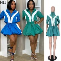 HLJ Women 2 Piece Tracksuit Color Block Zip Jacket Top + Bubble Skirt Set Casual Sporty Short Sleeve Outfits Streetwear Summer