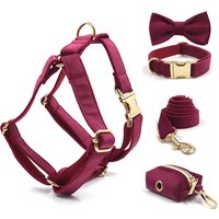Burgundy Velvet Dog Collar Personalized Thicken Metal Buckle Pet Harness Bow Tie Collar Leash Set with Poop Bag Luxury Dog Gift