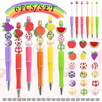 6PCS Apple Strawberry Mango Watermelon Orange Grape Fruit Theme DIY Beaded Ballpoint Pen&Wood Bead Set, Office &School Writing
