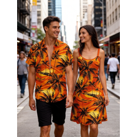 Plus Size Matching Hawaii Beach Outfit For Couples Ombre Dusk Coconut Tree Swallow Print Dress and Button Shirt S-3X