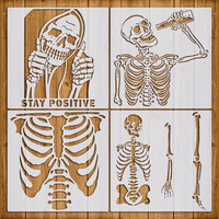 4PCS 11.8 x 11.8 in Halloween Skeleton Stencils Skull Ribcage Painting Templates for Wall Canvas Fabric Party Decor