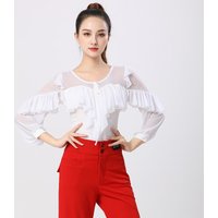 Women Rhinestone Mesh Spliced Long Sleeve Dance Top Latin Ballroom Waltz Belly Dance Competition Training Costume Dancewear Top
