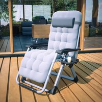 Grey Adjustable Outdoor Recliner with Thick Cushion and Drink Holder for Patio, Deck, Garden, or Beach