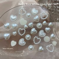 100Pcs/set Mixed Pearl Nail Rhinestones 3D Half Round Pearl Heart Shaped Nail Charms DIY Handmade Accessories For Phone Cases