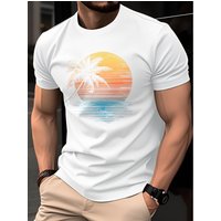 Retro Gradient Sunset Palm Tree Beach Print on Premium Soft 100% Cotton Mens T Shirt Perfect for Summer Vacation Casual Style