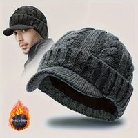 1 Piece of Winter Knitted Hat with Fleece Lining, with a Brim, Unisex Warm Cable Knit Hat, Thickened Cold-Proof Ski Hat