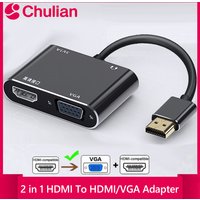 2 in 1 HDMI To HDMI/VGA Adapter Splitter 1080P with 3.5mm Audio Converter for Computer Desktop Laptop PC Monitor Projector HDTV