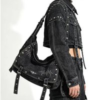 Y2K Millennium Rivet Denim Bag, Large Capacity Crossbody Bag for Women, Black Fashion Handbag & Accessory