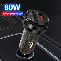 80W Fast Charger 3 Ports PD USB Car Charging Mobile Phone Type-C Adapter Quick Charger in Car for iPhone Samsung Xiaomi