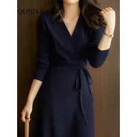 Autumn Winter Sweater Womens Dresses V-neck Wrap Up Dress for Women Woman Clothing Korean Version Loose Elegant Knitted Skirt