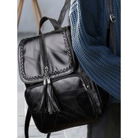Casual Vintage Flap Tassel Rucksack, Lightweight Black Leather Backpack for Shopping, Dating & Weekend Trips
